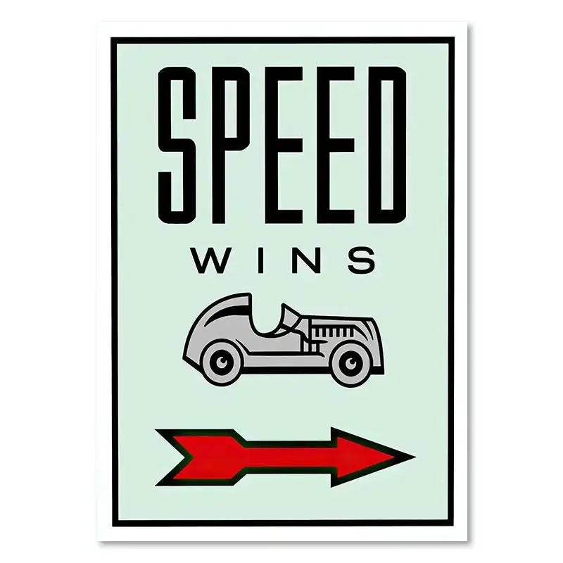 Decorbites™ motivational monopoly millionaire canvas wall art with retro speed wins sign and vintage race car on mint background