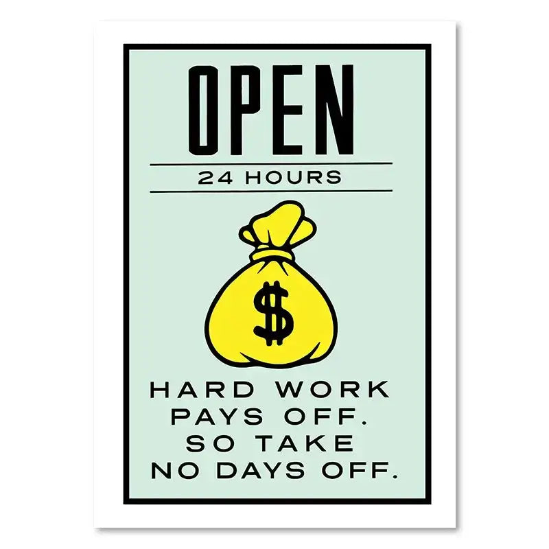 Decorbites™ motivational monopoly millionaire cartoon canvas wall art featuring a yellow money bag on mint green background