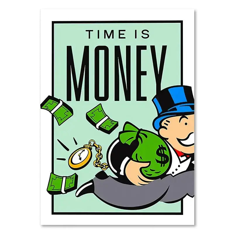 A cartoon illustration of a smiling man in a blue top hat and gray suit holding a green money bag for motivational monopoly millionaire canvas wall art