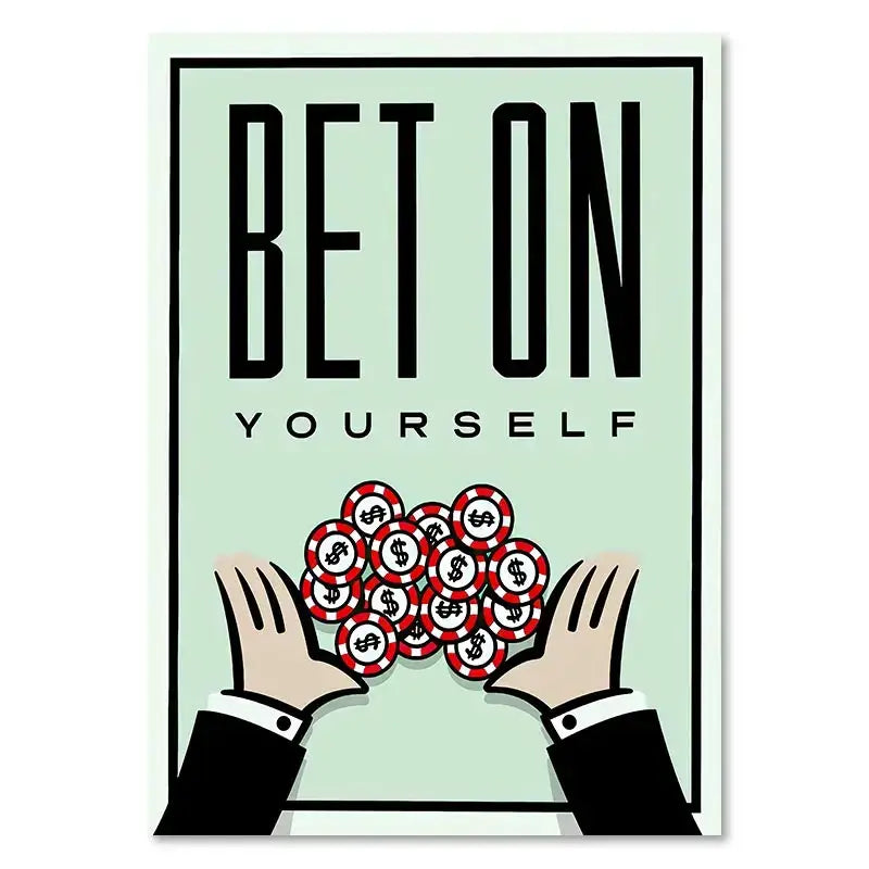 Decorbites motivational monopoly millionaire canvas wall art with bold black bet on yourself text and hands holding casino chips
