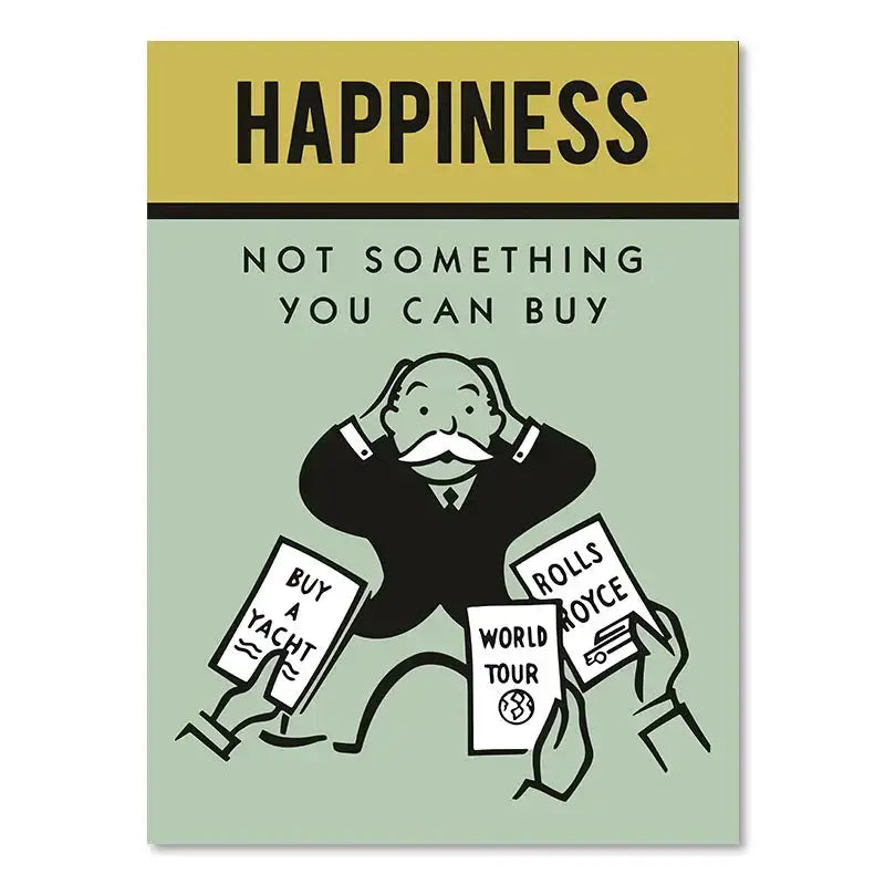 Minimalist motivational monopoly millionaire cartoon canvas wall art with sage green background and bold black text