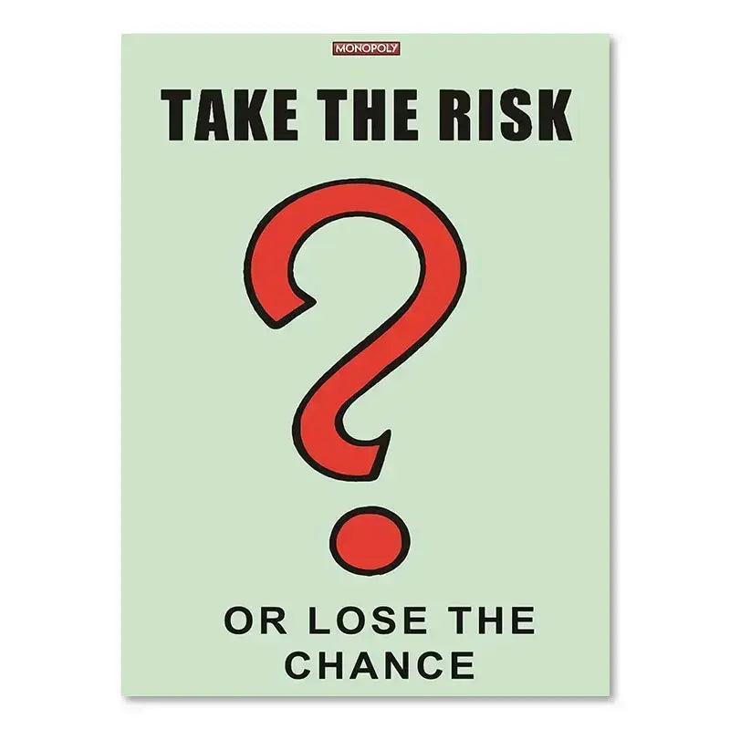 Light green monopoly millionaire canvas wall art featuring a bold red question mark and motivational text take the risk or lose the chance