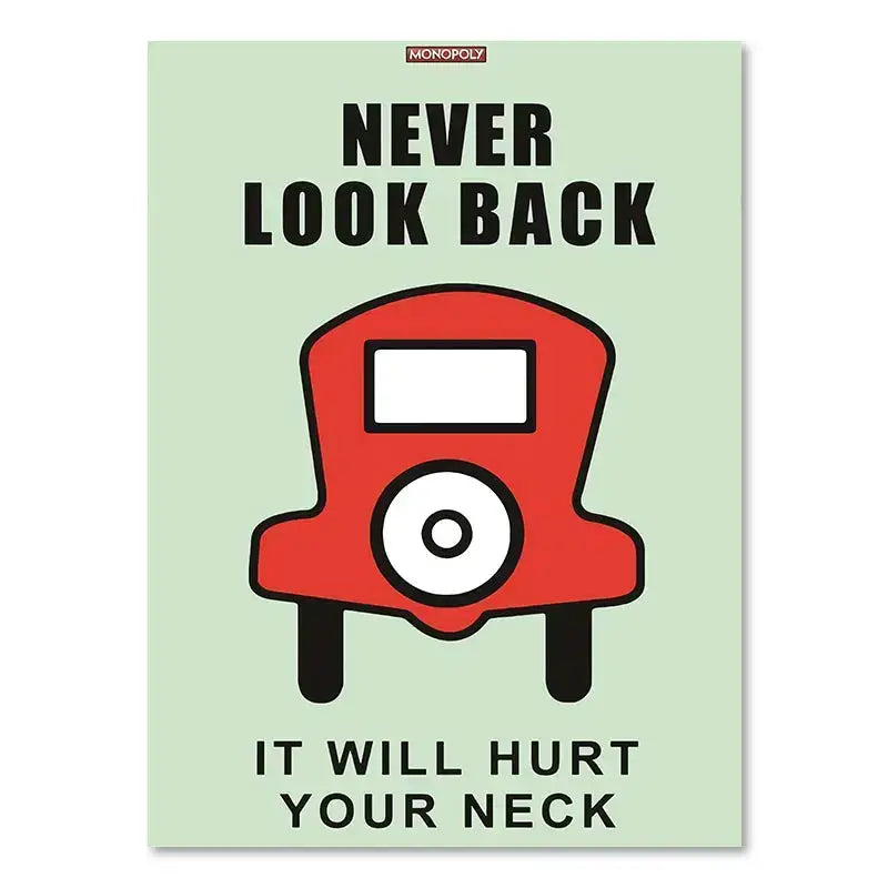 Red vintage-style car illustration on light green canvas wall art with motivational monopoly millionaire text never look back