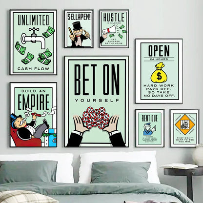 Motivational Monopoly Millionaire Cartoon Canvas Wall Art - Posters