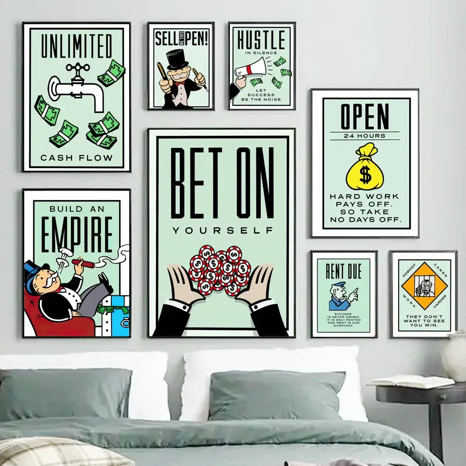 Set of eight framed motivational monopoly millionaire posters with colorful illustrations on light mint canvas walls