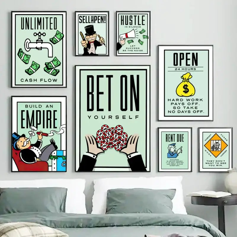 Set of eight framed motivational monopoly millionaire canvas wall art prints with bold black text on light mint backgrounds