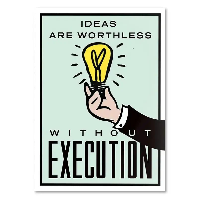 Stylized illustration of a hand holding a yellow light bulb on pale mint canvas wall art for motivational monopoly millionaire decor