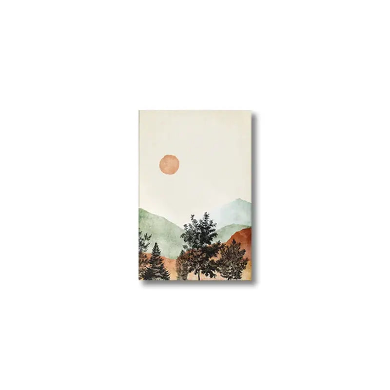 Decorbites mountain wall art set featuring watercolor landscape of green and orange mountains with dark evergreen trees