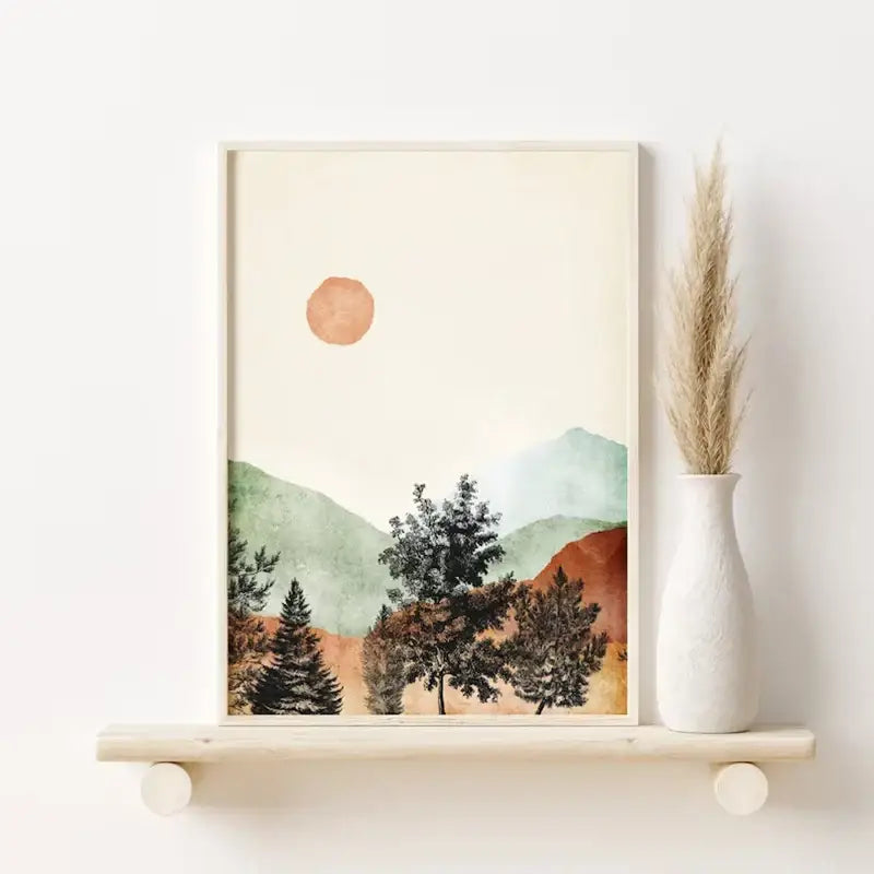 Decorbites™ mountain wall art set featuring minimalist watercolor landscape with muted greens terracotta and peach tones