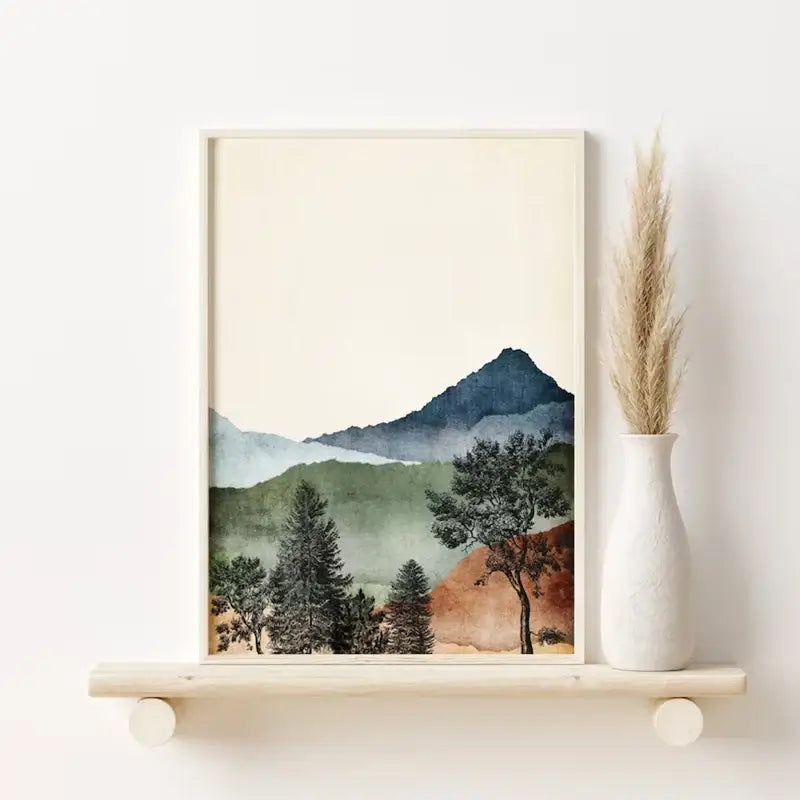 Decorbites™ mountain wall art set featuring minimalist watercolor landscape with layered blue and green mountains in off-white frame