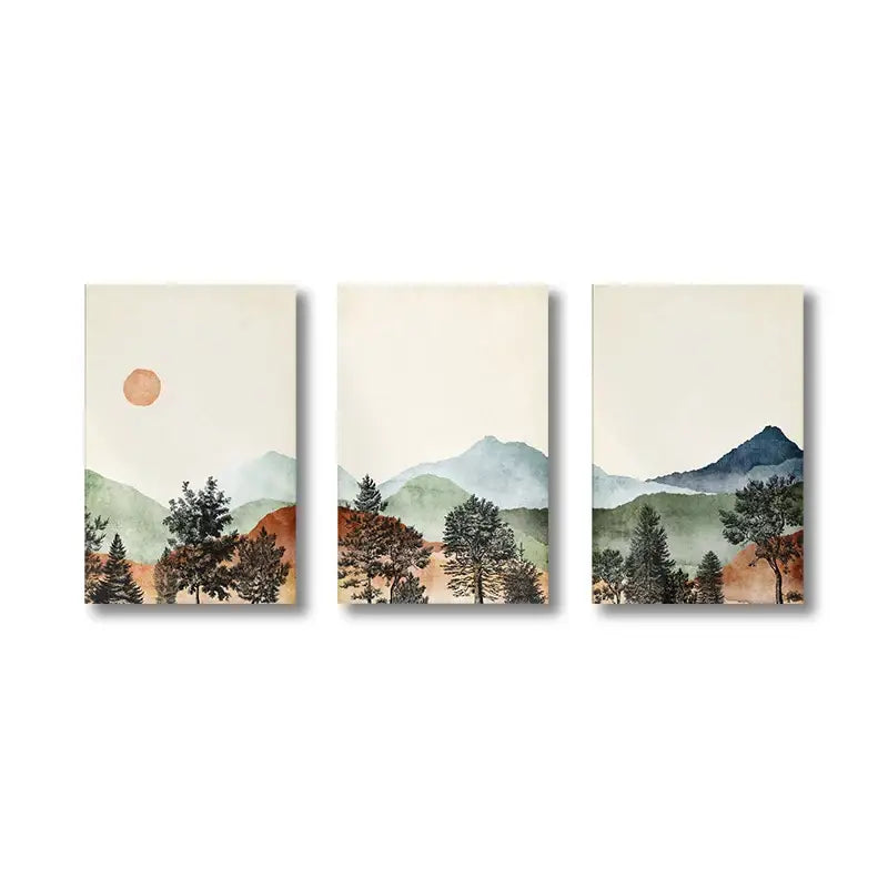 Set of three DecorBites™ mountain wall art panels featuring minimalist watercolor landscape with soft earthy tones and misty peaks