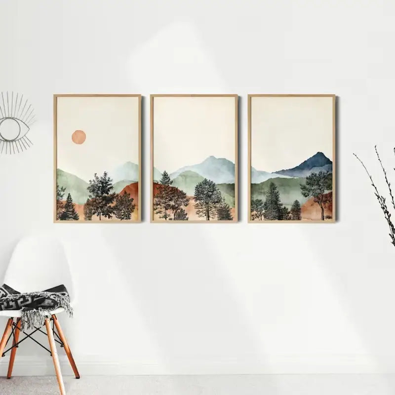 Three framed watercolor landscape prints with minimalist mountain wall art in light wood frames for decorbites wall art set