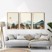 Set of three framed watercolor mountain wall art prints with wooden frames from decorbites mountain wall art collection