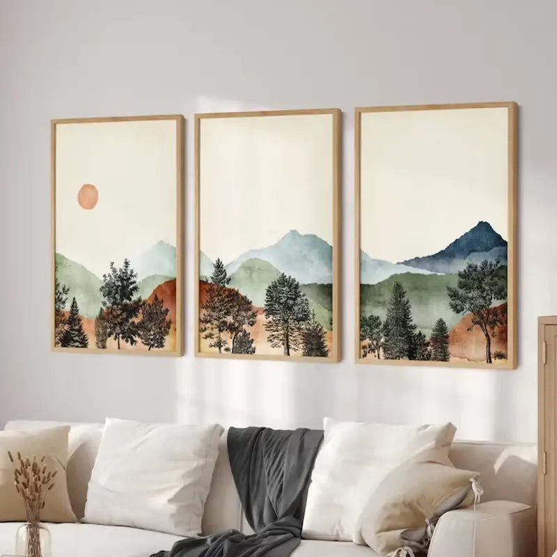 DecorBites mountain wall art set with three framed watercolor landscape prints in layered greens and earthy tones