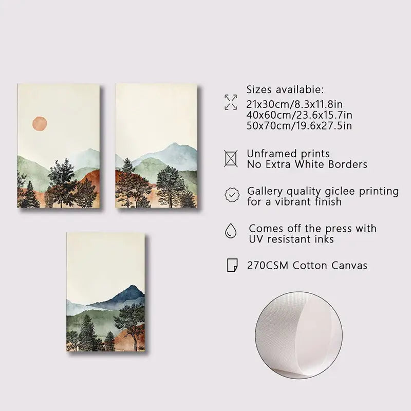 Set of three unframed DecorBites mountain wall art prints on 270gsm cotton canvas with soft earthy watercolor tones