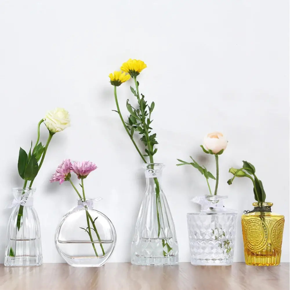 Decorbites™ multicolor european glass vase decoration set with five glass vases opening 2cm holding flowers or small bouquets
