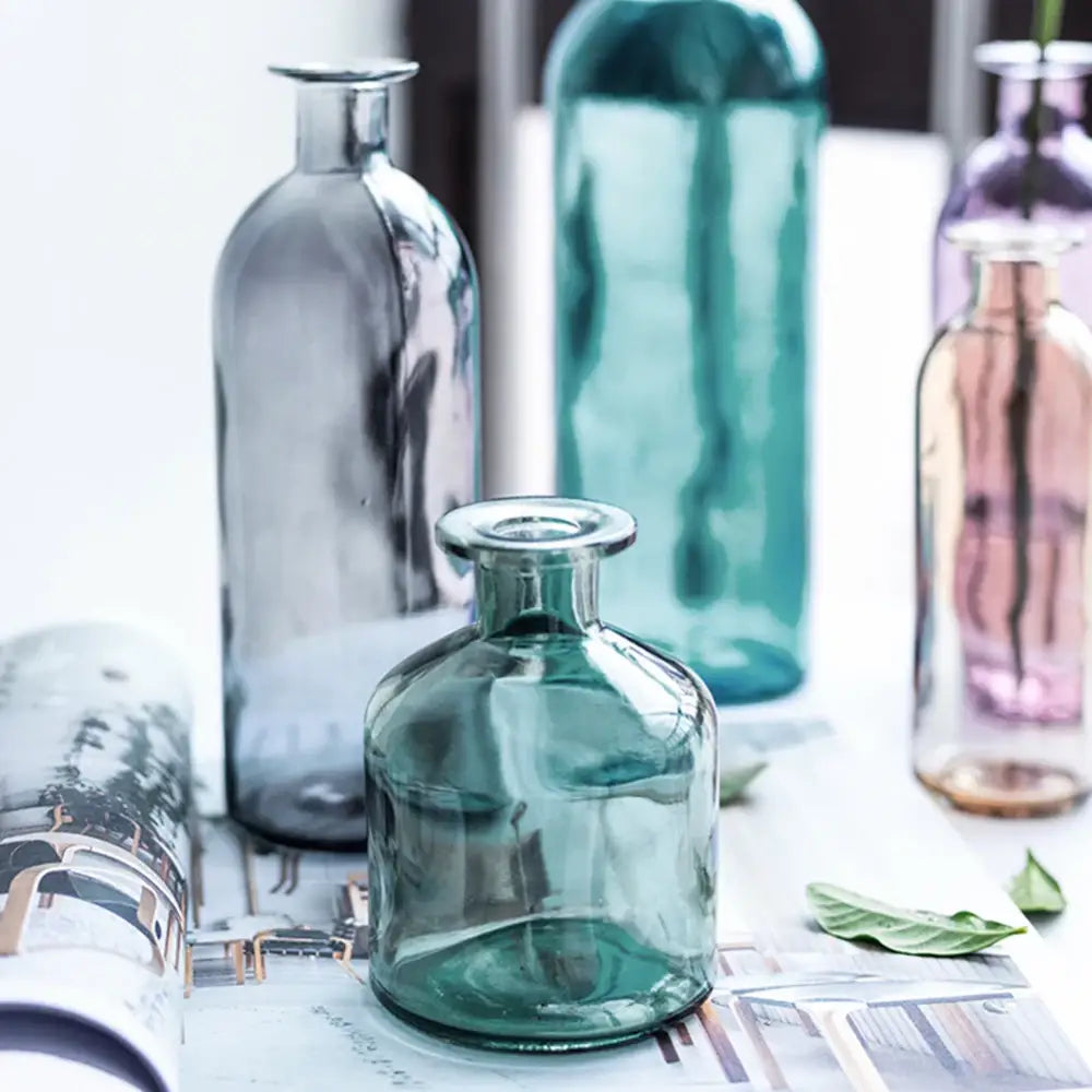 DecorBites™ multicolor European glass vase in translucent teal with rounded body narrow neck and 2cm opening flower pot