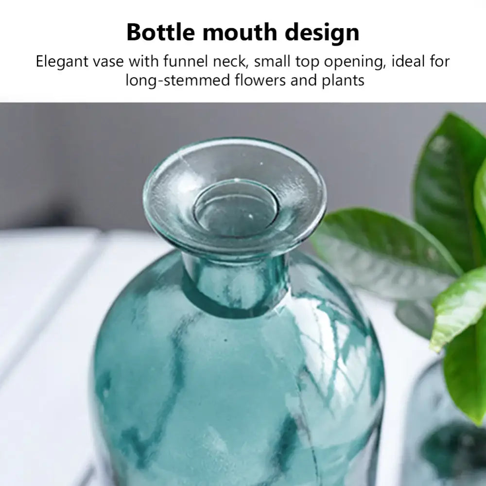 Elegant teal glass vase with bottle mouth design and funnel neck opening 2cm for flower pot by DecorBites™