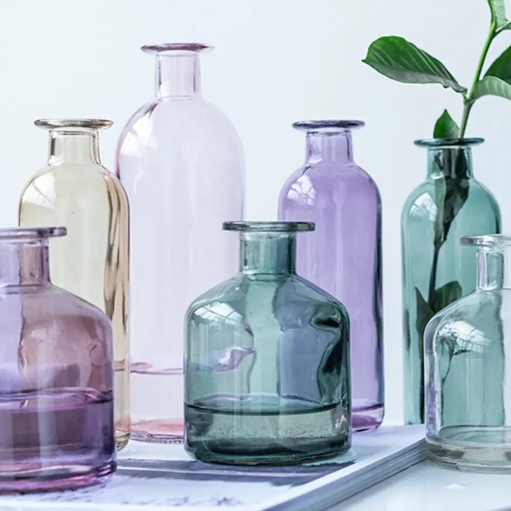 DecorBites™ multicolor European glass vase decoration with 2cm opening in pastel lavender mint green and pale yellow flower pot styles