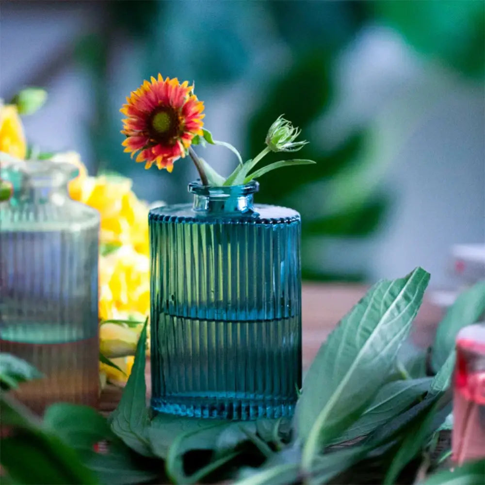 DecorBites™ multicolor European glass vase in translucent blue with 2cm opening holding a single flower pot bloom