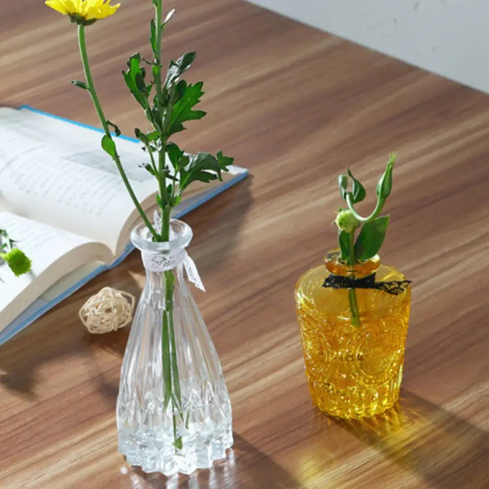 Clear faceted glass vase with a delicate white lace ribbon tied around neck ideal as a flower pot with 2cm opening