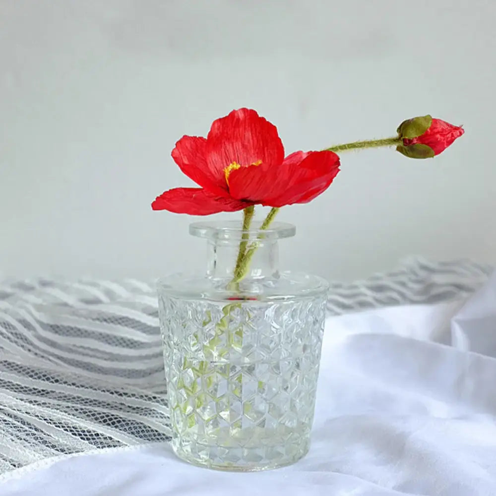 DecorBites™ multicolor clear glass vase with 2cm opening holding vibrant red paper poppy for flower pot decor