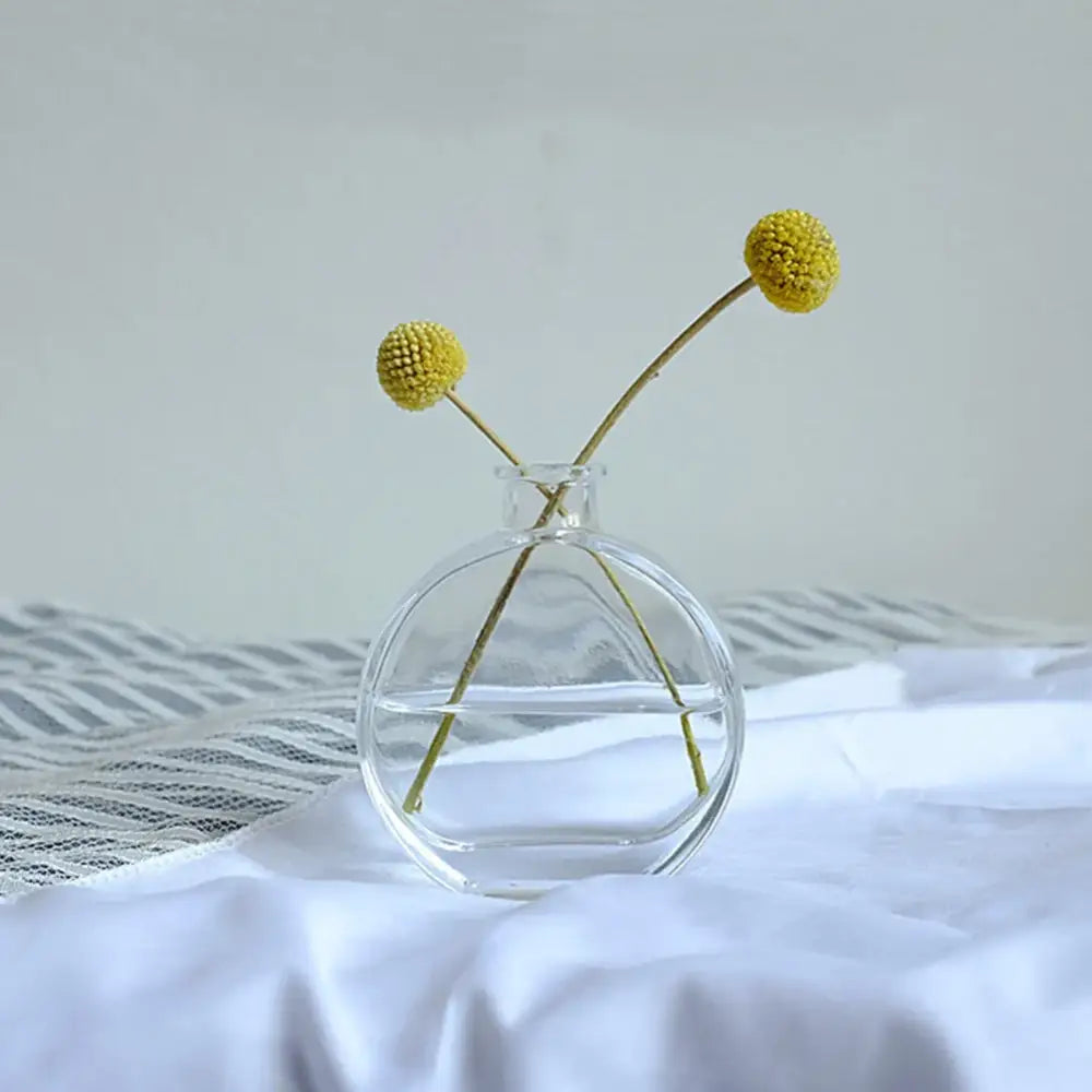 Decorbites™ multicolor european glass vase with 2cm opening holding two yellow globe flowers as flower pot decor