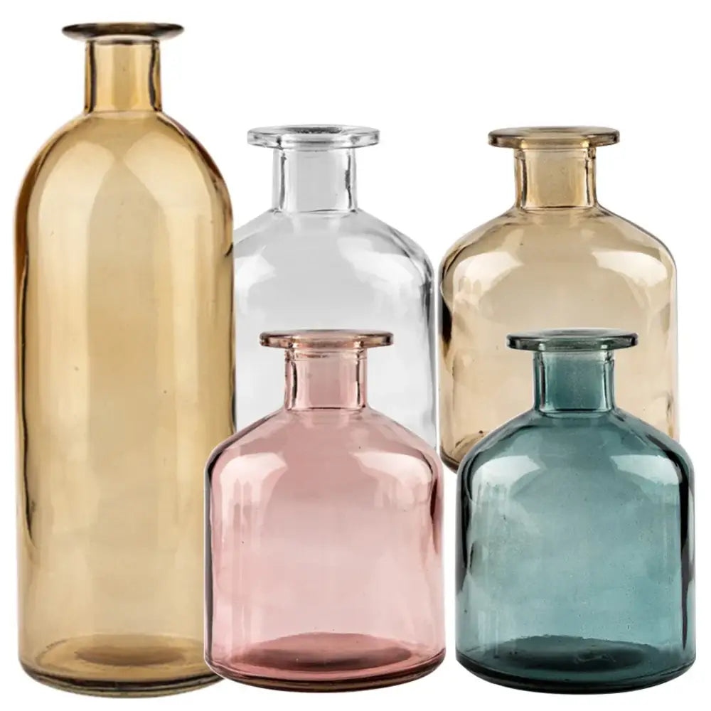 Set of five translucent glass vases in amber clear rose pink and teal with rounded bodies and 2cm openings for flower pot use