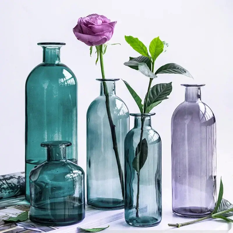 Set of five translucent teal and lavender glass vases with 2cm opening for flower pot decoration by DecorBites™