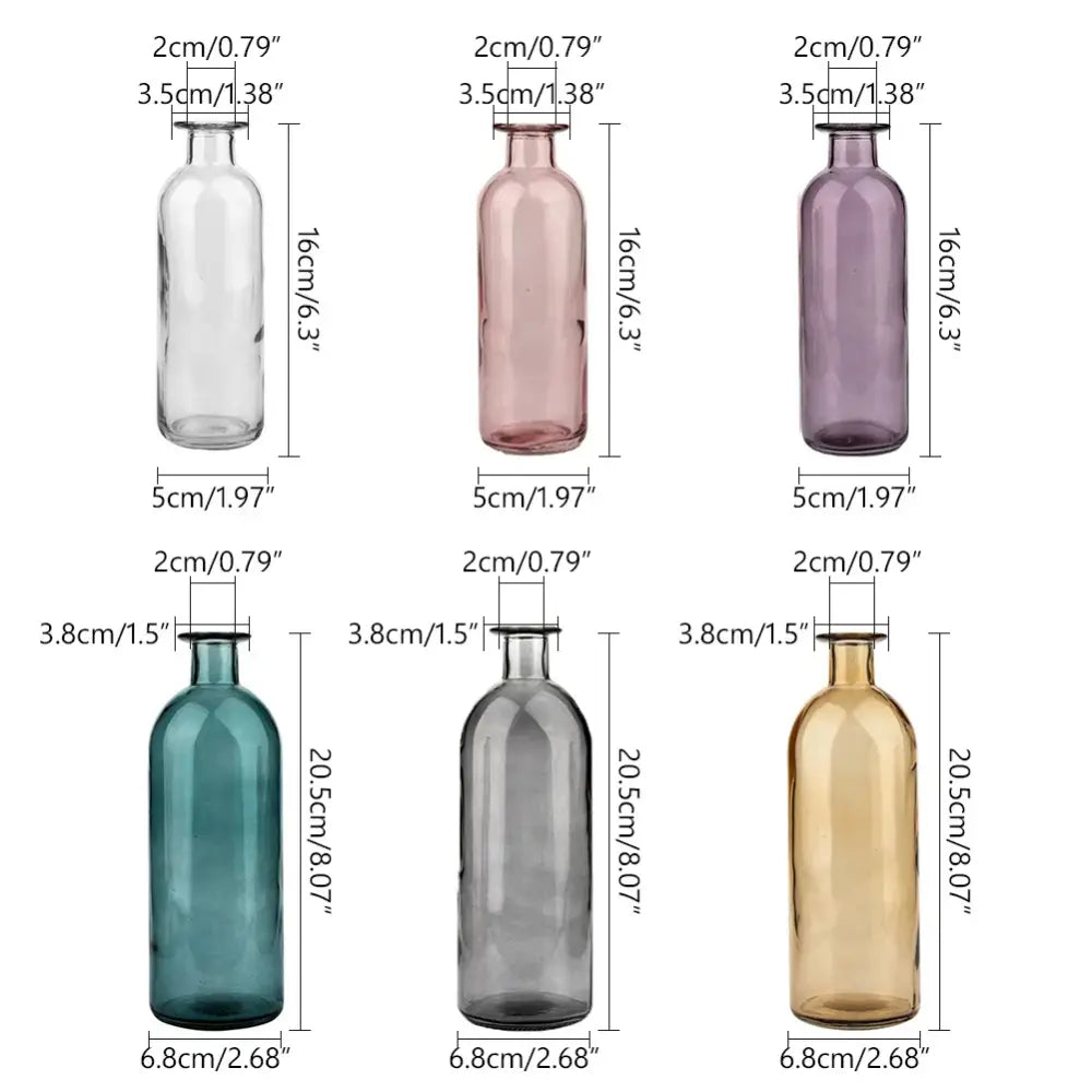 Set of six DecorBites™ multicolor glass vases in transparent, pink, purple, teal, gray, and amber with 2cm opening