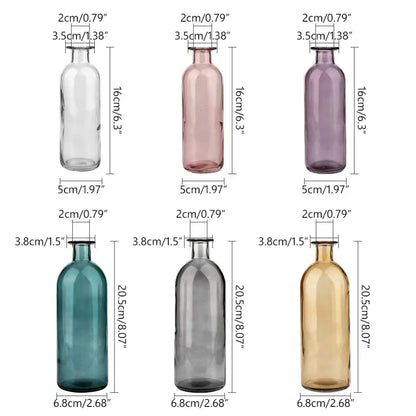 Set of six DecorBites™ multicolor glass vases in transparent, pink, purple, teal, gray, and amber with 2cm opening