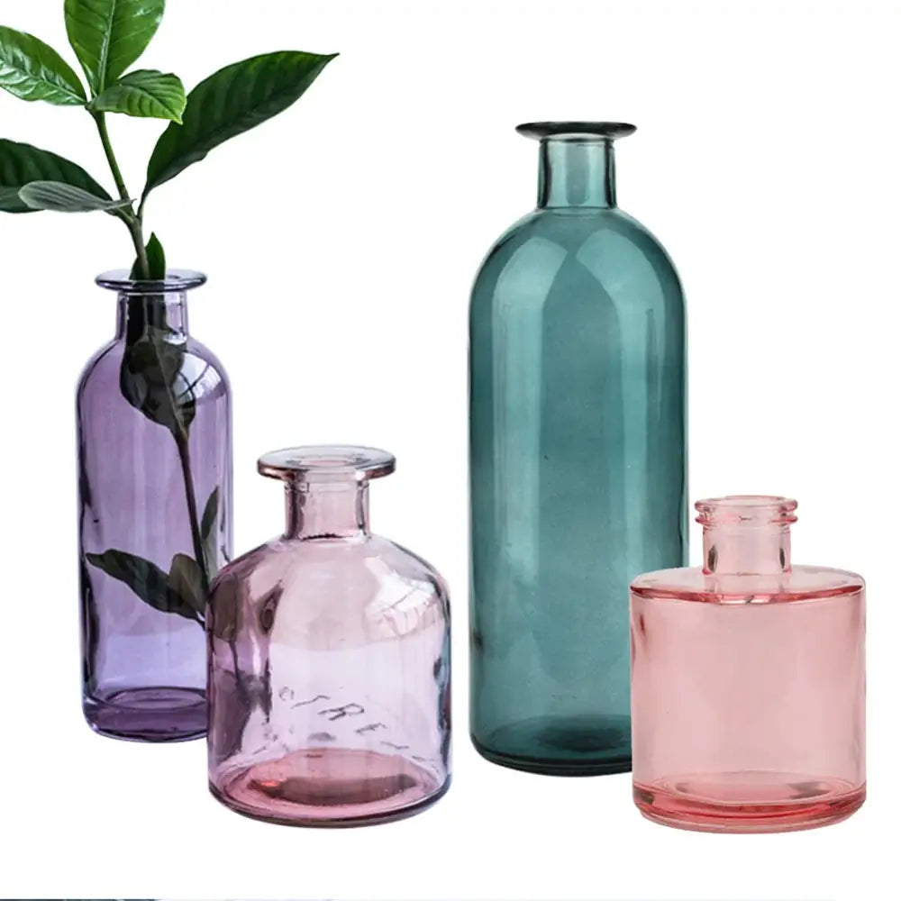 Set of four DecorBites™ multicolor European glass vases in purple, pink, and teal with 2cm opening flower pot design