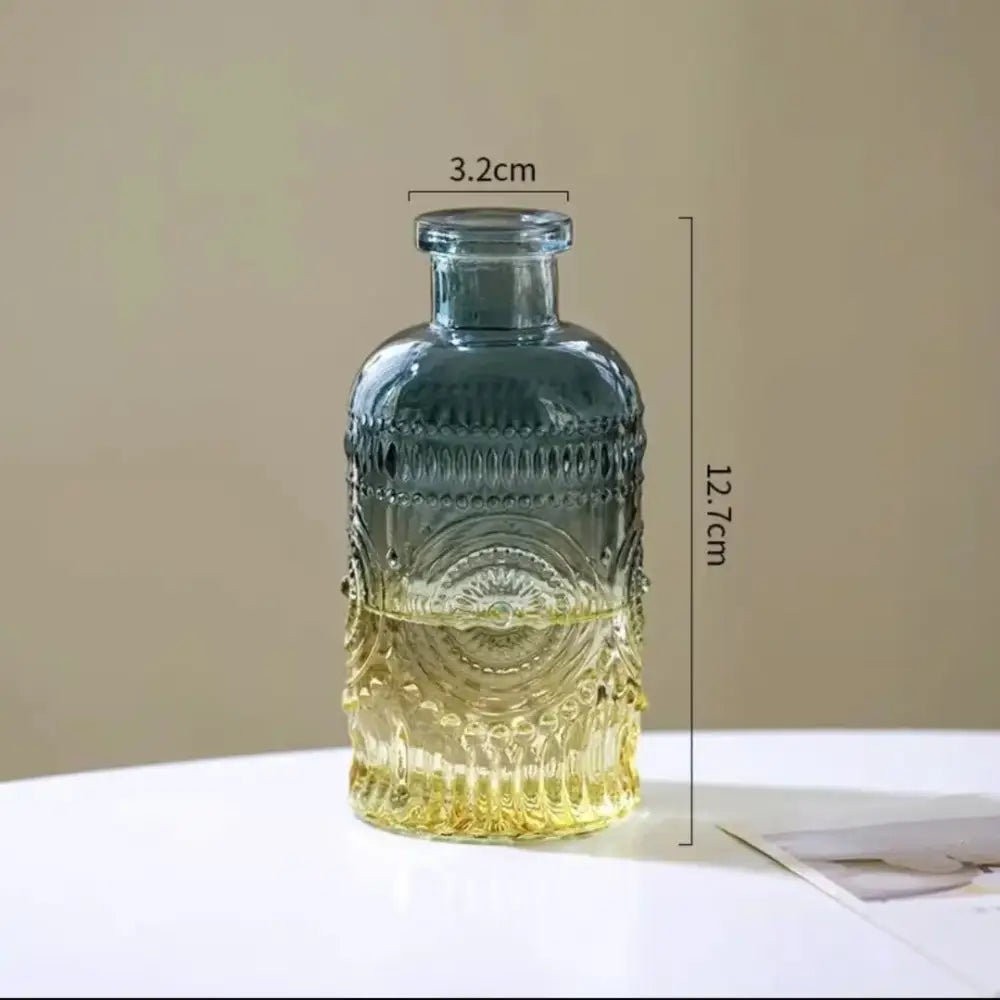 DecorBites™ multicolor European glass vase with embossed patterns, teal to amber gradient, 2cm opening flower pot