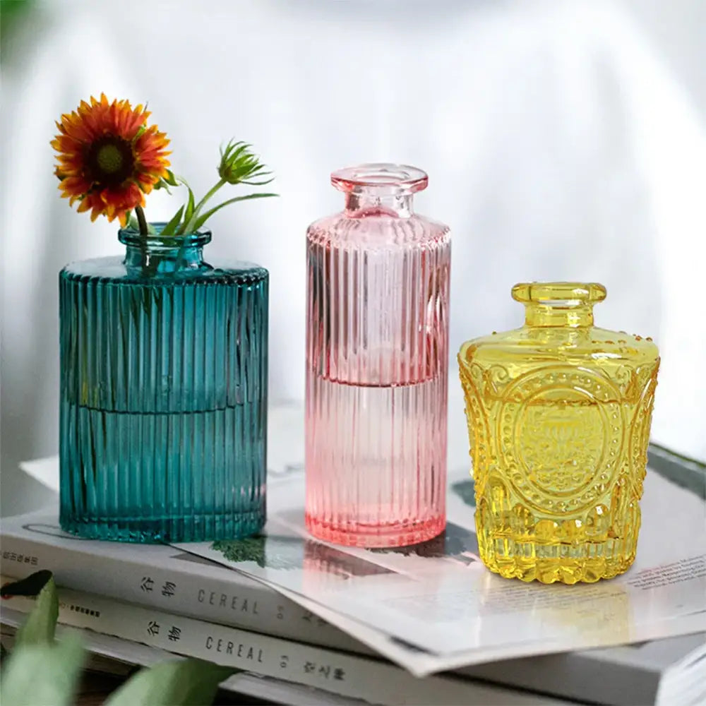 Three colorful ribbed glass vases in teal pink and yellow with 2cm opening perfect as flower pots or home decor