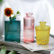 DecorBites™ multicolor European glass vase set with ribbed design in teal pink yellow opening 2cm flower pot decor