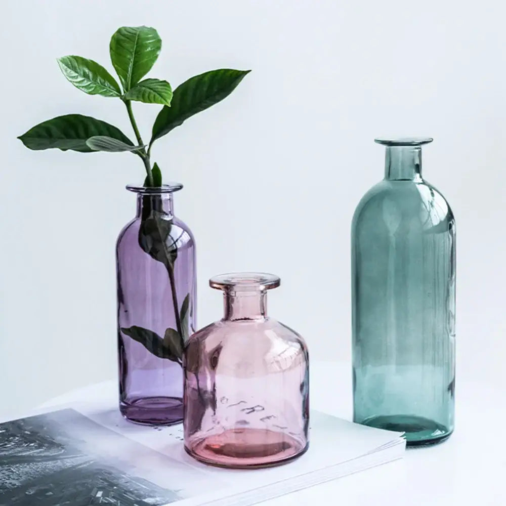 DecorBites™ multicolor European glass vase set in purple pink and teal with 2cm opening flower pots for home decor