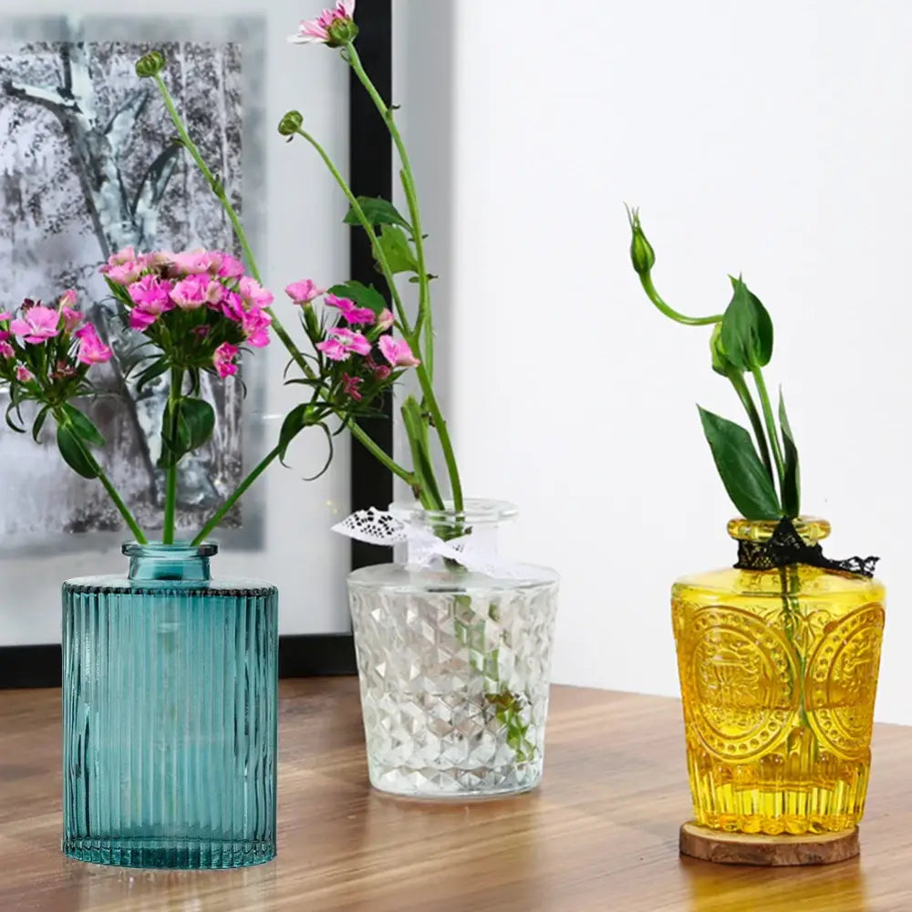 Decorbites™ multicolor european glass vase set featuring teal ridged, clear diamond-cut with lace, and yellow embossed flower pots with 2cm opening