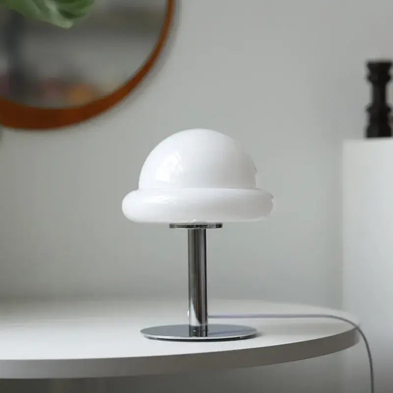 Decorbites™ mushroom table lamp with a sleek white dome and polished chrome stem and base, bauhaus furniture design