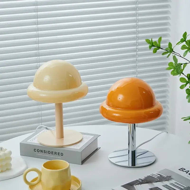 DecorBites™ mushroom table lamps in creamy beige wood and glossy orange chrome feature retro Bauhaus design