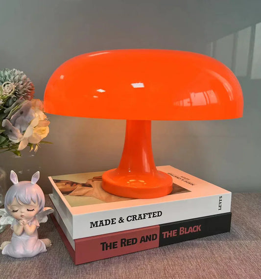 Vibrant orange decorbites™ mushroom table lamp with glossy plastic finish usb plug for modern bedroom use