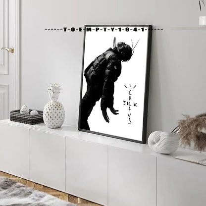 Black-framed black-and-white cactus jack music album covers poster featuring travis scott silhouette in puffer jacket