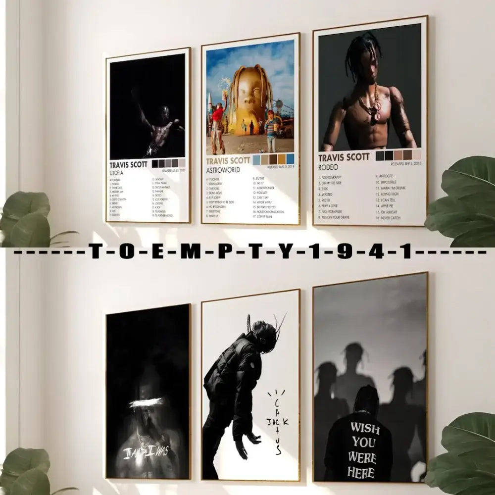 Six framed album covers posters featuring travis scott and jack skellington artwork with thin gold borders DecorBites music album covers set