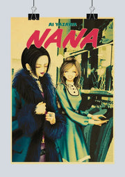 Vintage-style nana anime kraft paper poster featuring two characters in stylish coats with retro tones for decorbites funny prints