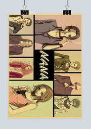 Vintage-style nana anime poster set featuring sepia-toned panels with stylized characters for retro design wall decor