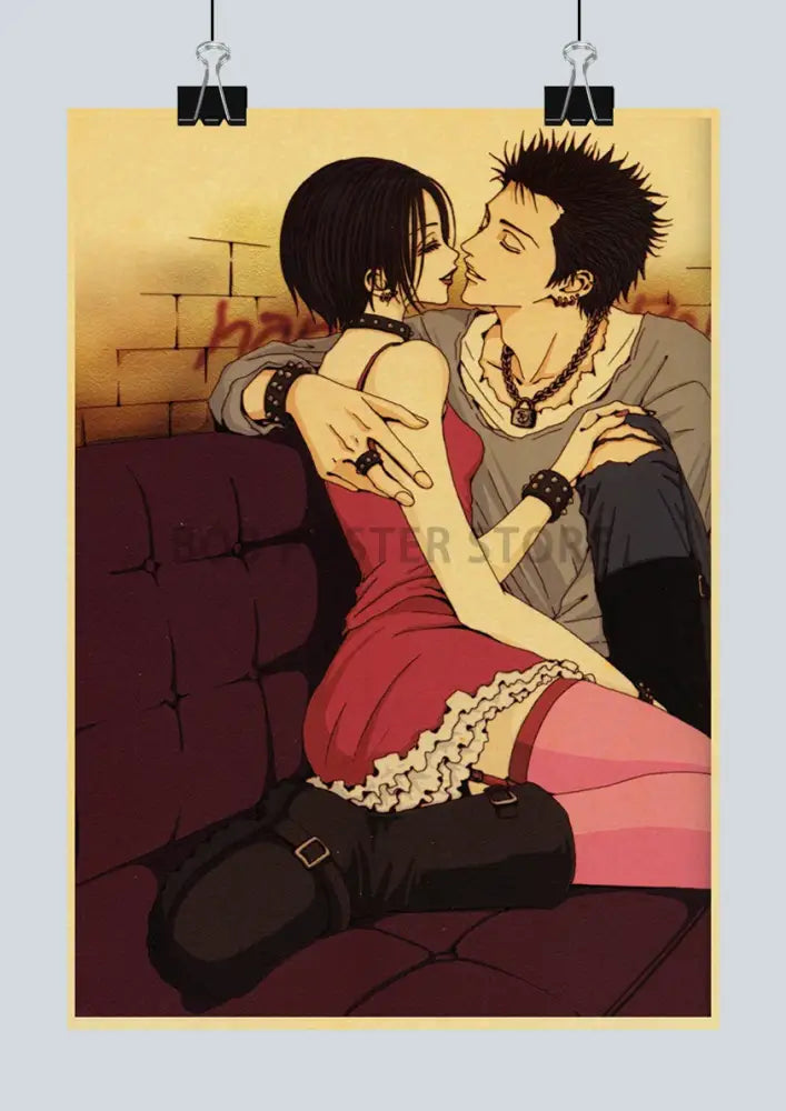 A framed japan anime nana poster featuring a couple in intimate embrace with warm tones and detailed design