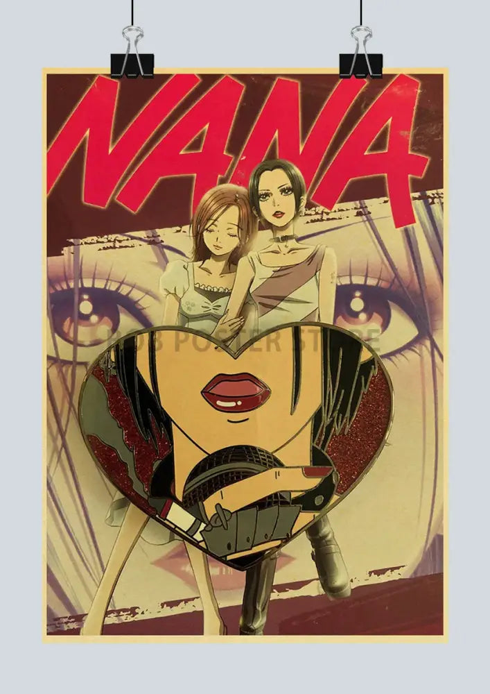 Heart-shaped metal pin with stylized anime nana character red lips black hair from japan anime nana poster set