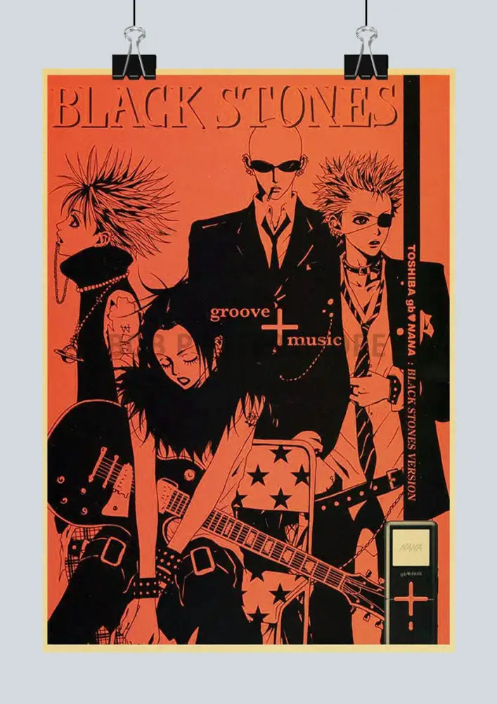 Orange decorbites™ nana anime poster featuring black line art of spiky hair rock band labeled black stones