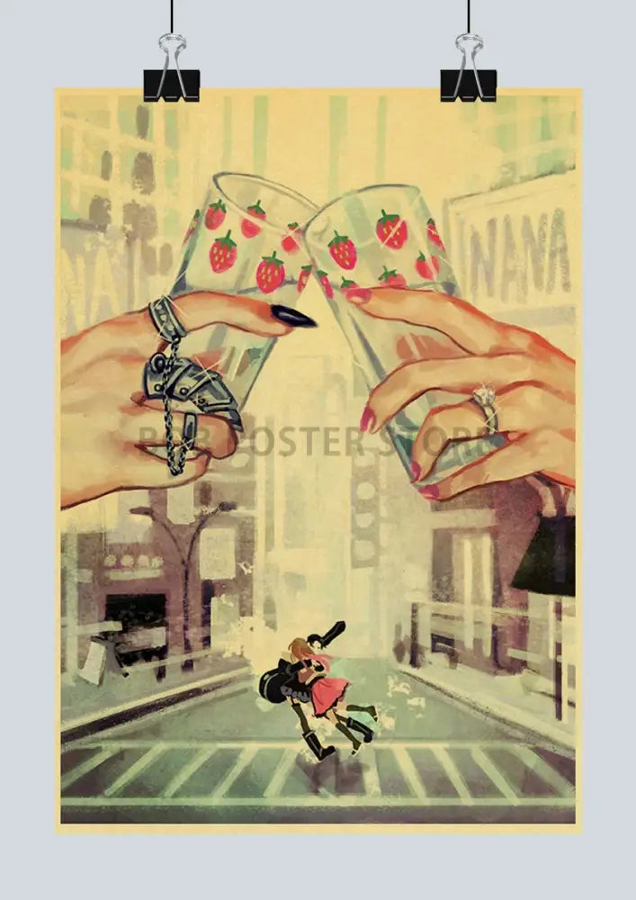 Vintage-style DecorBites™ NANA anime poster on retro kraft paper featuring hands toasting with strawberry glasses