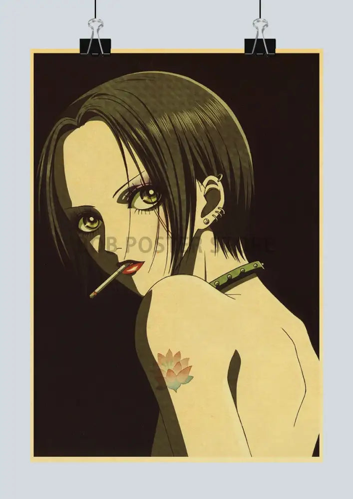 Vintage-style anime poster of a character with dark hair and green eyes on retro kraft paper by DecorBites™ 2021 arrivals