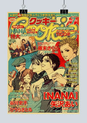 Vibrant yellow and red nana manga poster on retro kraft paper featuring bold japanese text and dynamic character poses